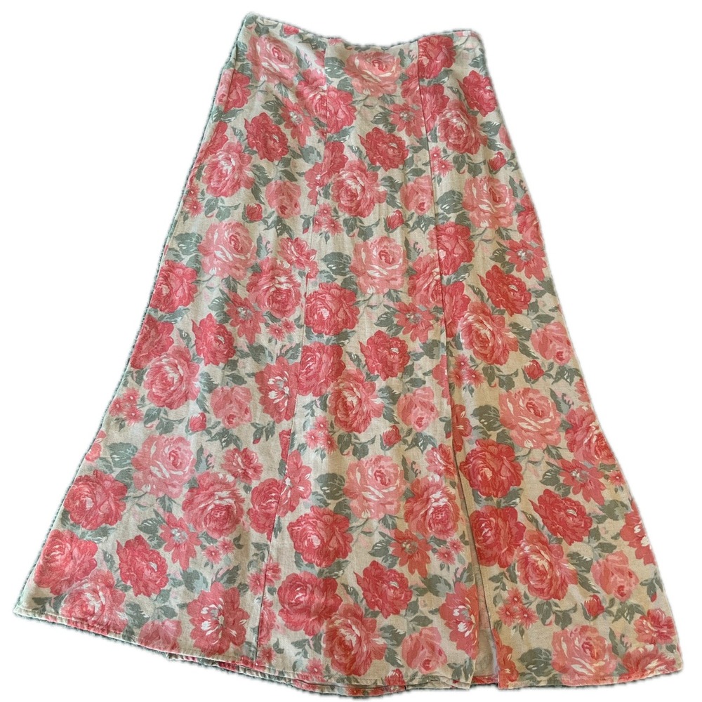 Vintage Floral Maxi Skirt Sz L Pink Rose Rayon A-Line Prarie Western Boho Fall
